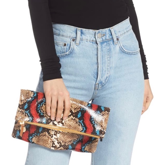 Clare V snake embossed fold-over clutch - Picture 2 of 9